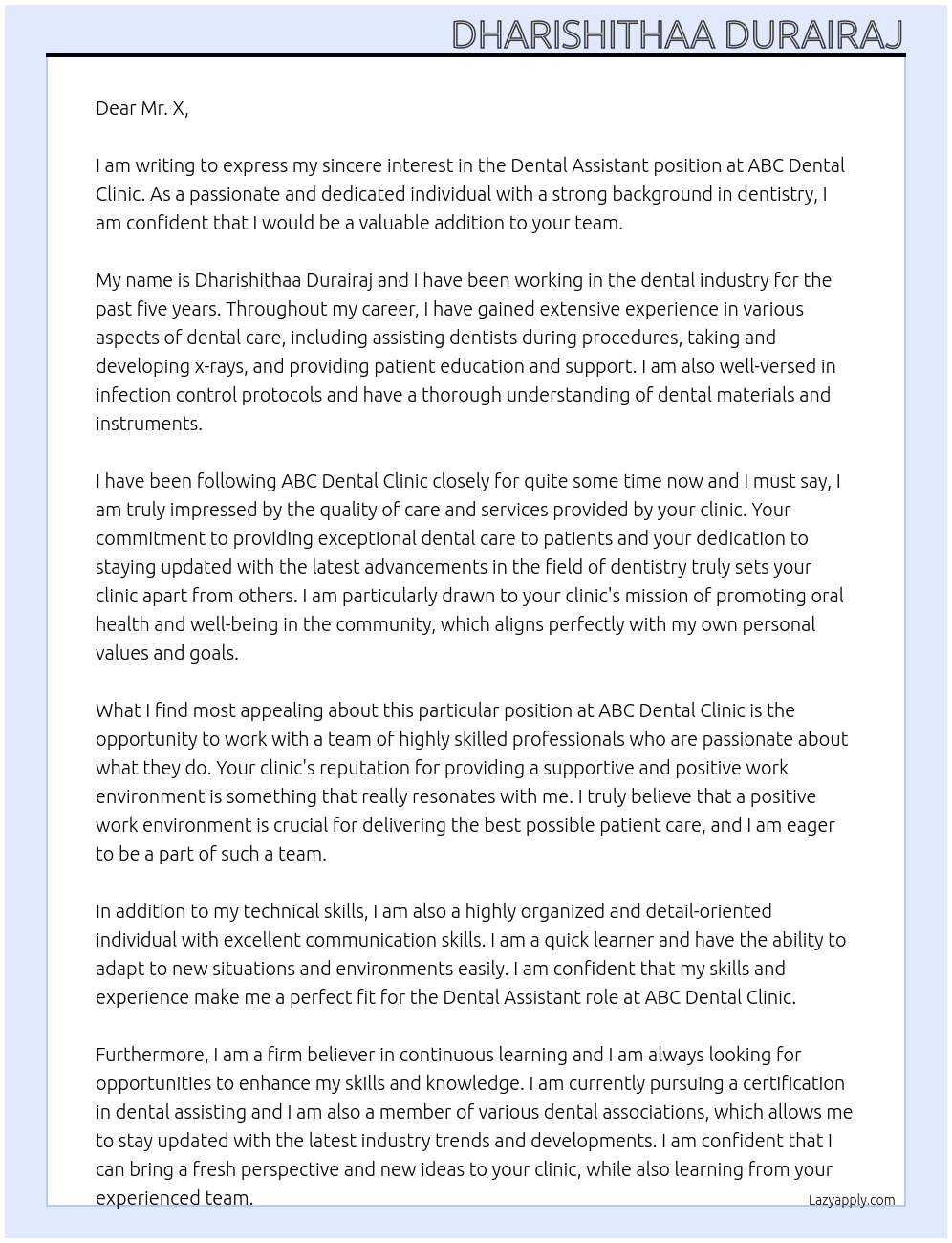 Dental assistant At ABC DENTAL CLINIC Cover Letter