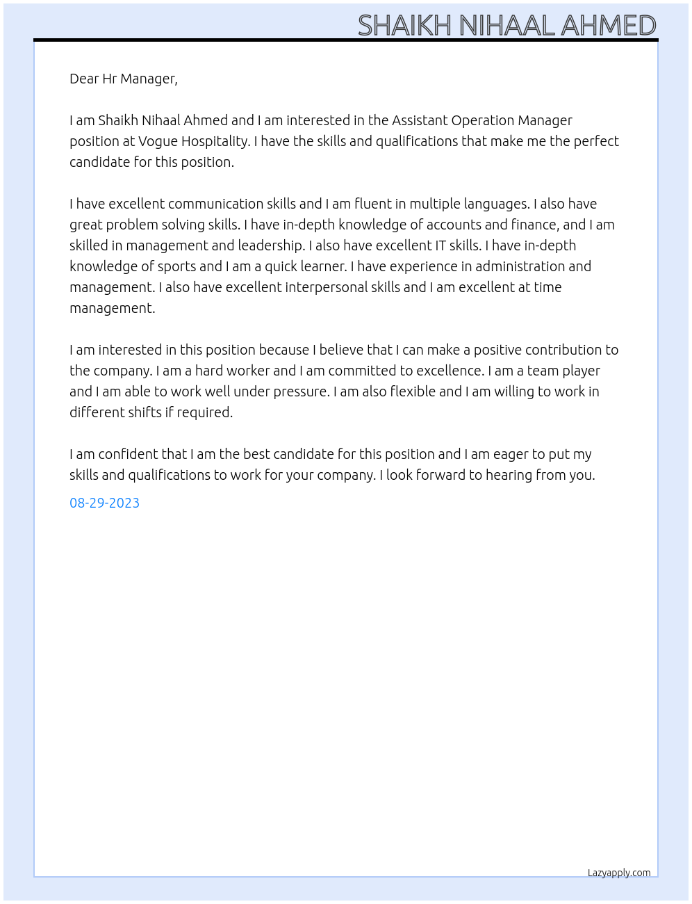 Assistant Operation Manager At Vogue Hospitality Cover Letter