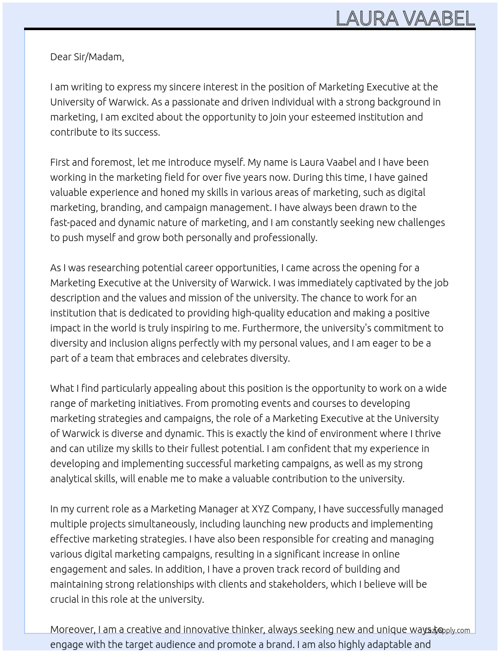Marketing Executive At University of Warwick Cover Letter