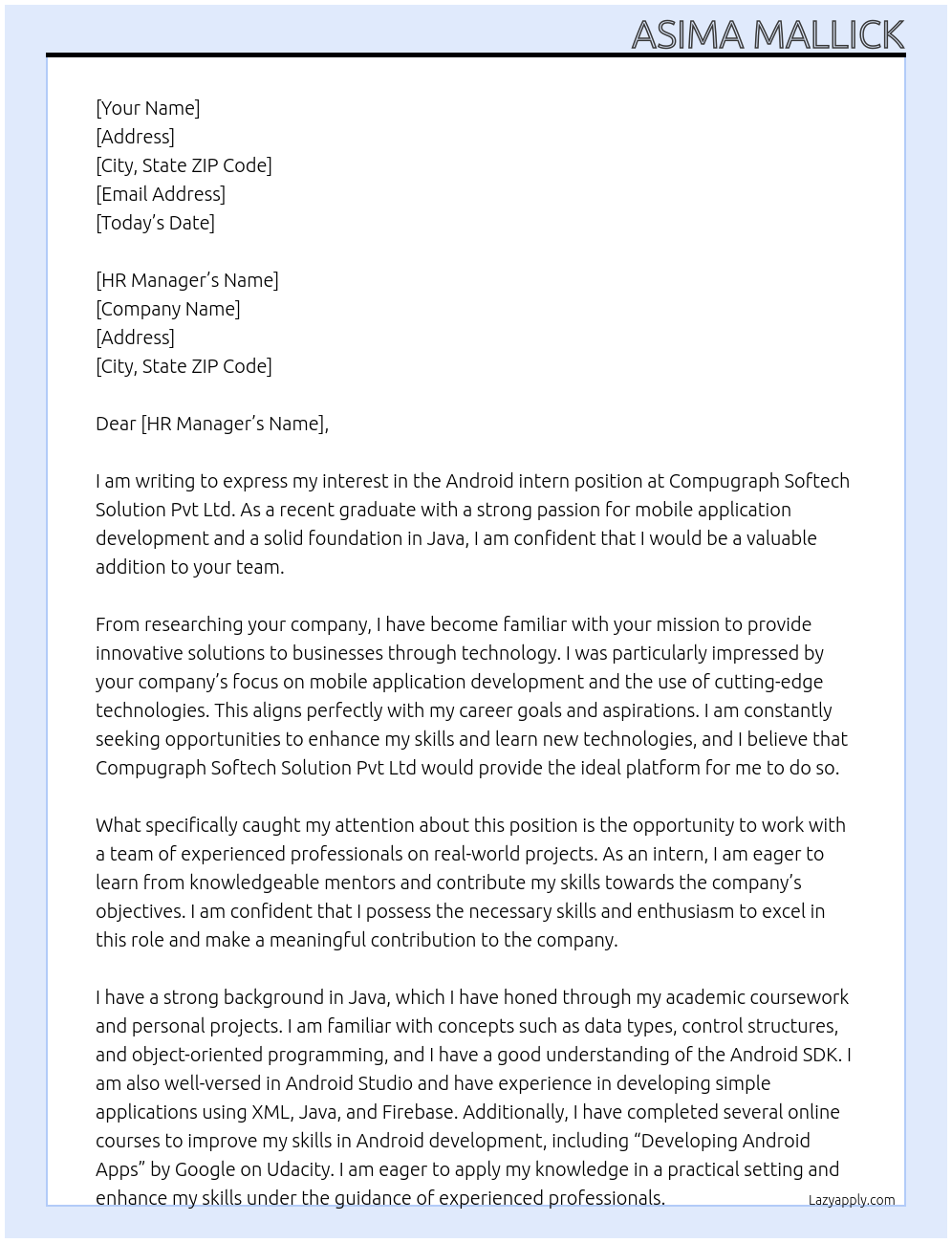 Android intern At Compugraph softech soultion Pvt ltd Cover Letter