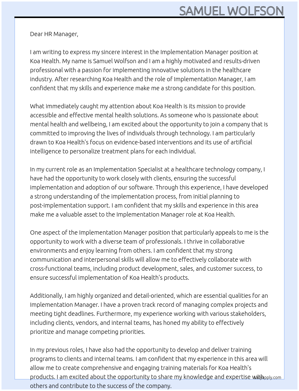 Implementation Manager At Koa Health Cover Letter