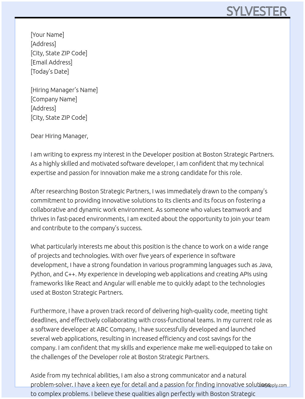 Developer At Boston Strategic Partners Cover Letter