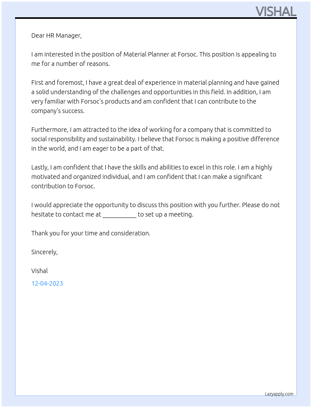 Material Planner At Forsoc Cover Letter