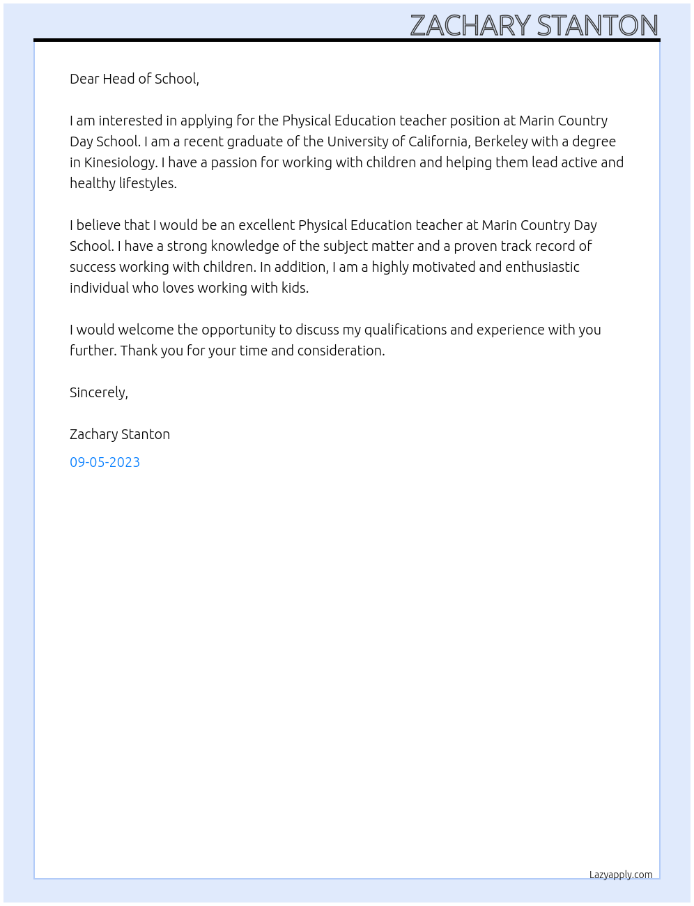 Physical Education teacher At Marin Country Day School Cover Letter