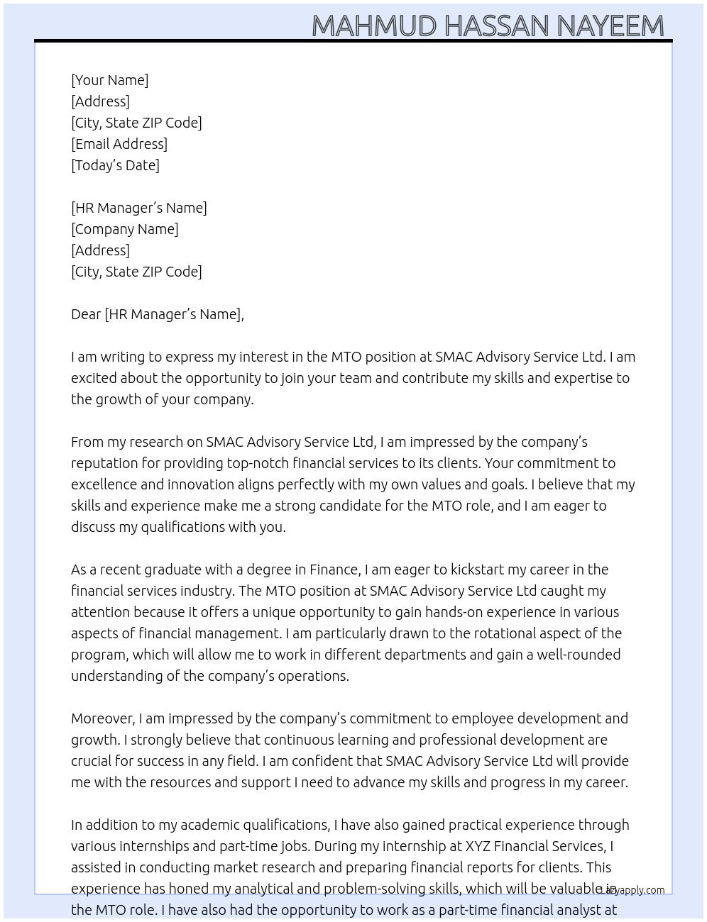 MTO At SMAC ADVISORY SERVICE LTD Cover Letter