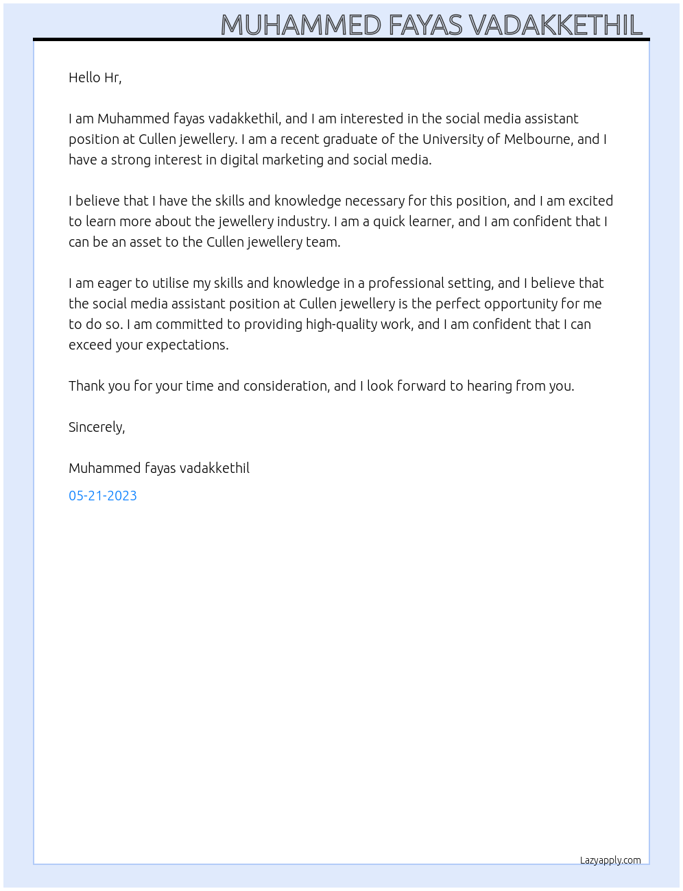 Social media assistant At Cullen jewellery Cover Letter