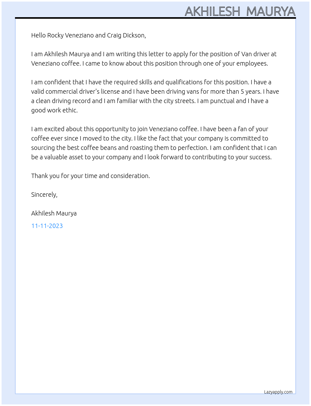 Van driver At Veneziano coffee Cover Letter