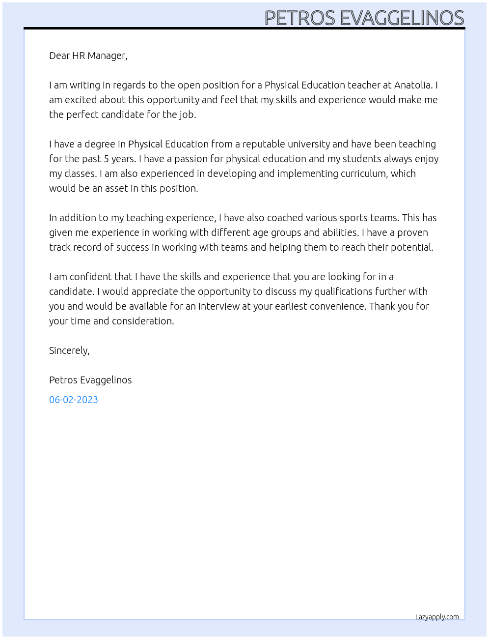 Physical education teacher At Anatolia Cover Letter