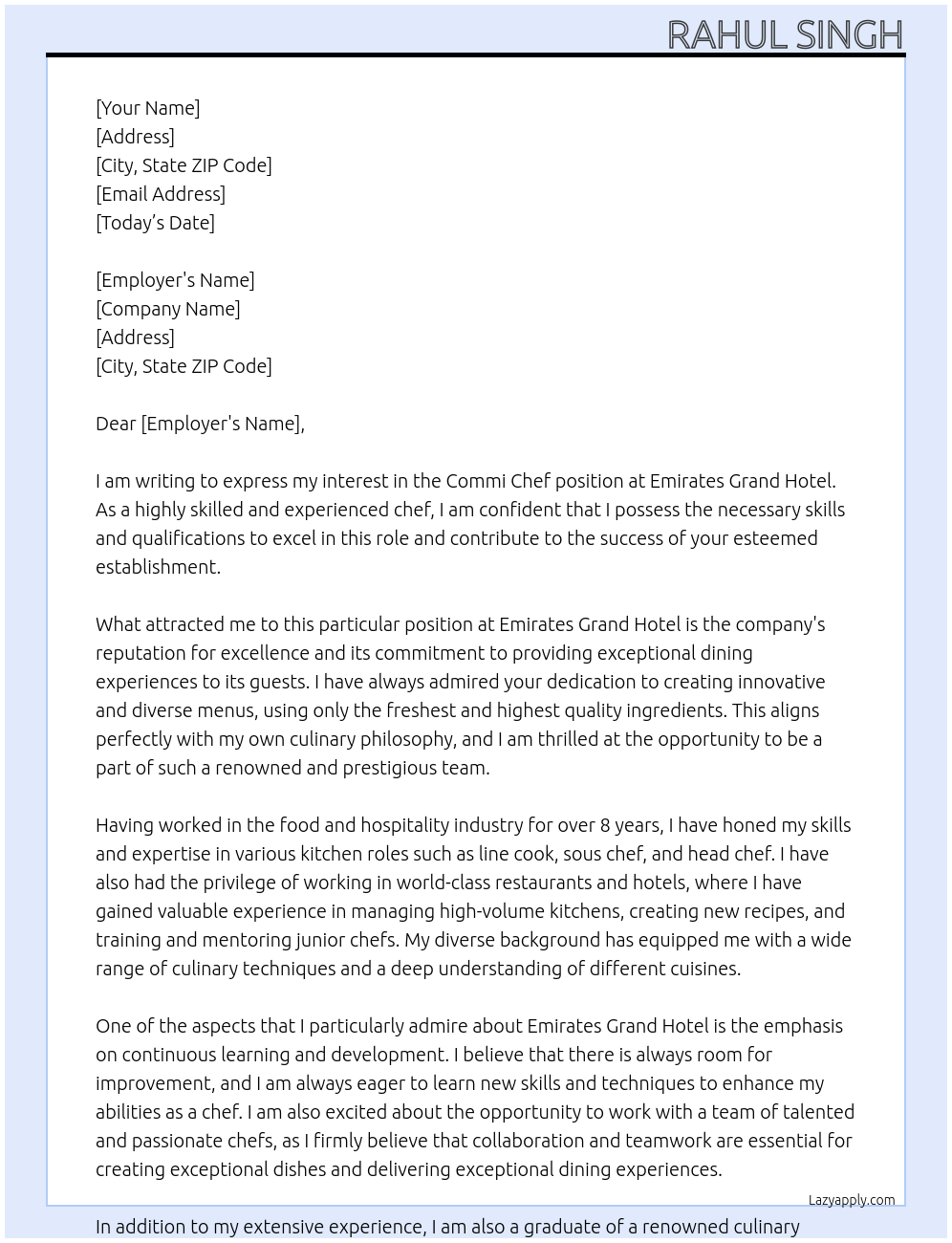 Commi Chef At Emirates grand hotel  Cover Letter