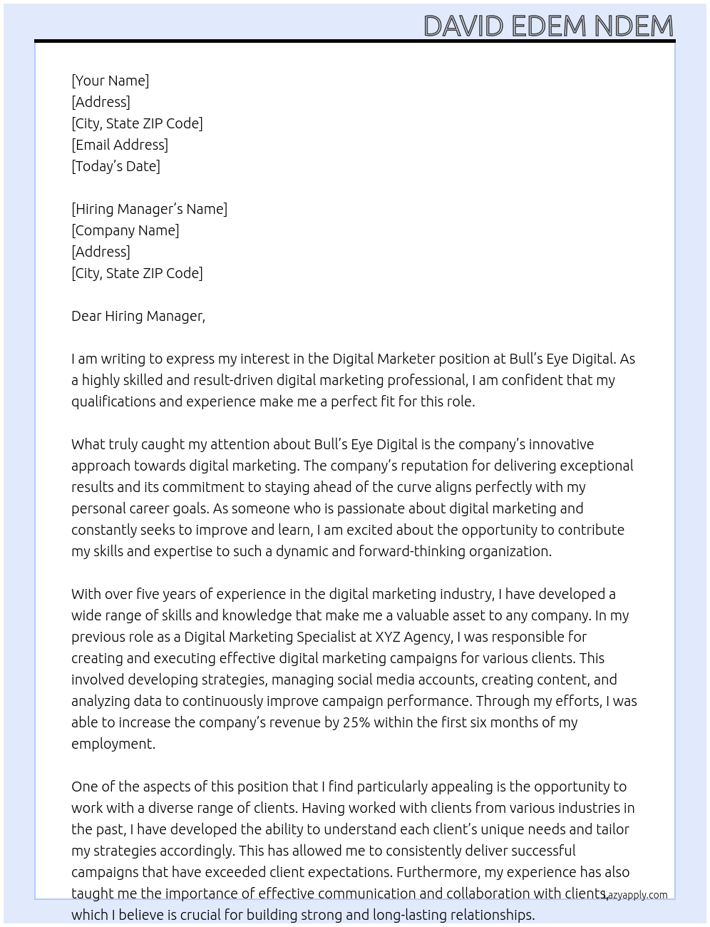Digital Marketer At Bull’s Eye Digital Cover Letter