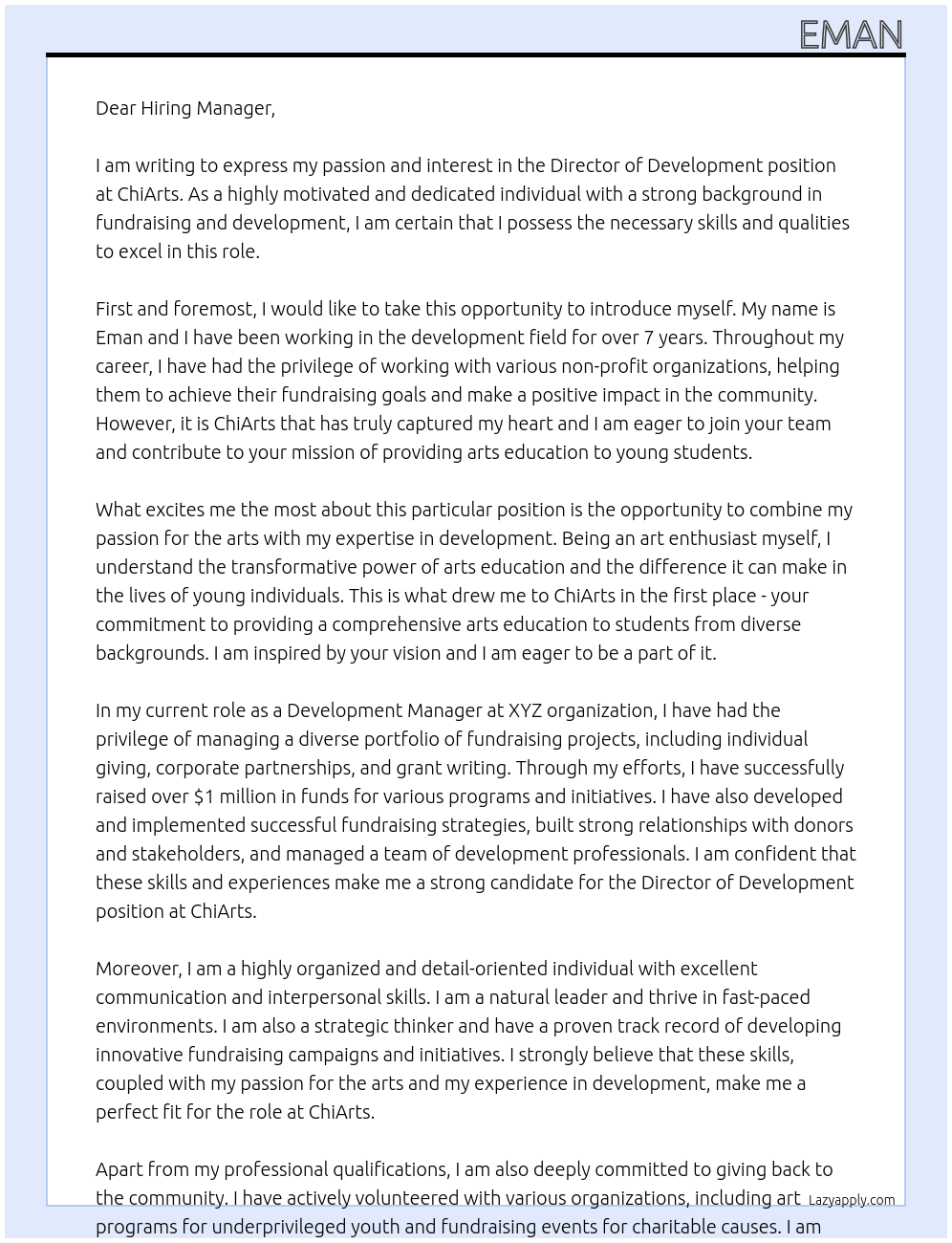 Director of Development At ChiArts Cover Letter