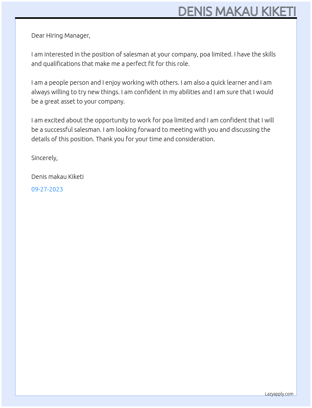 salesman At poa limited Cover Letter