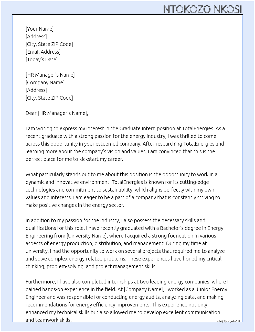 Graduate Intern At TotalEnergies Cover Letter