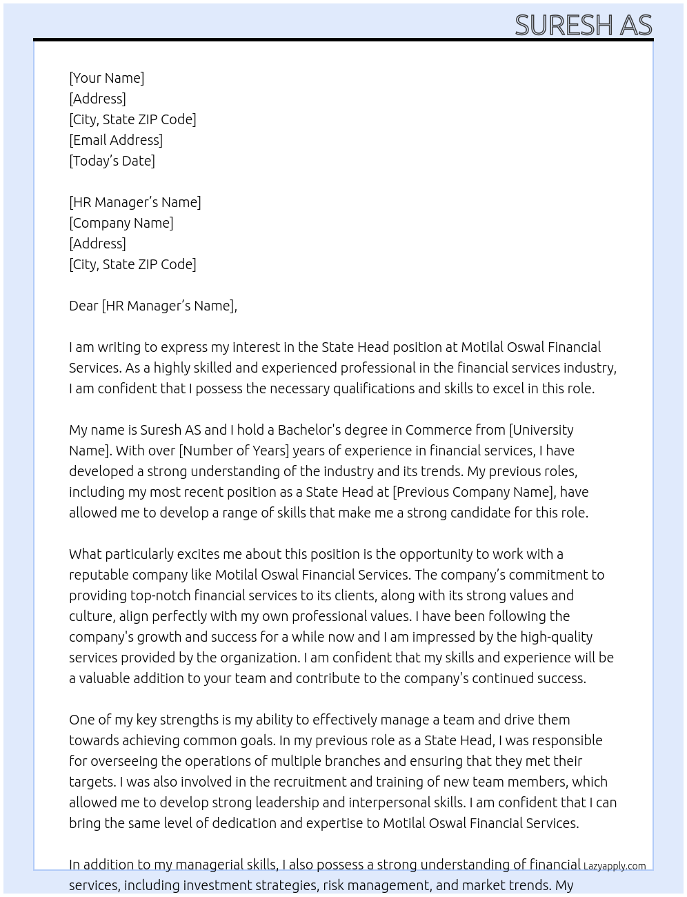 State Head At Motilal Oswal Financial Services Cover Letter