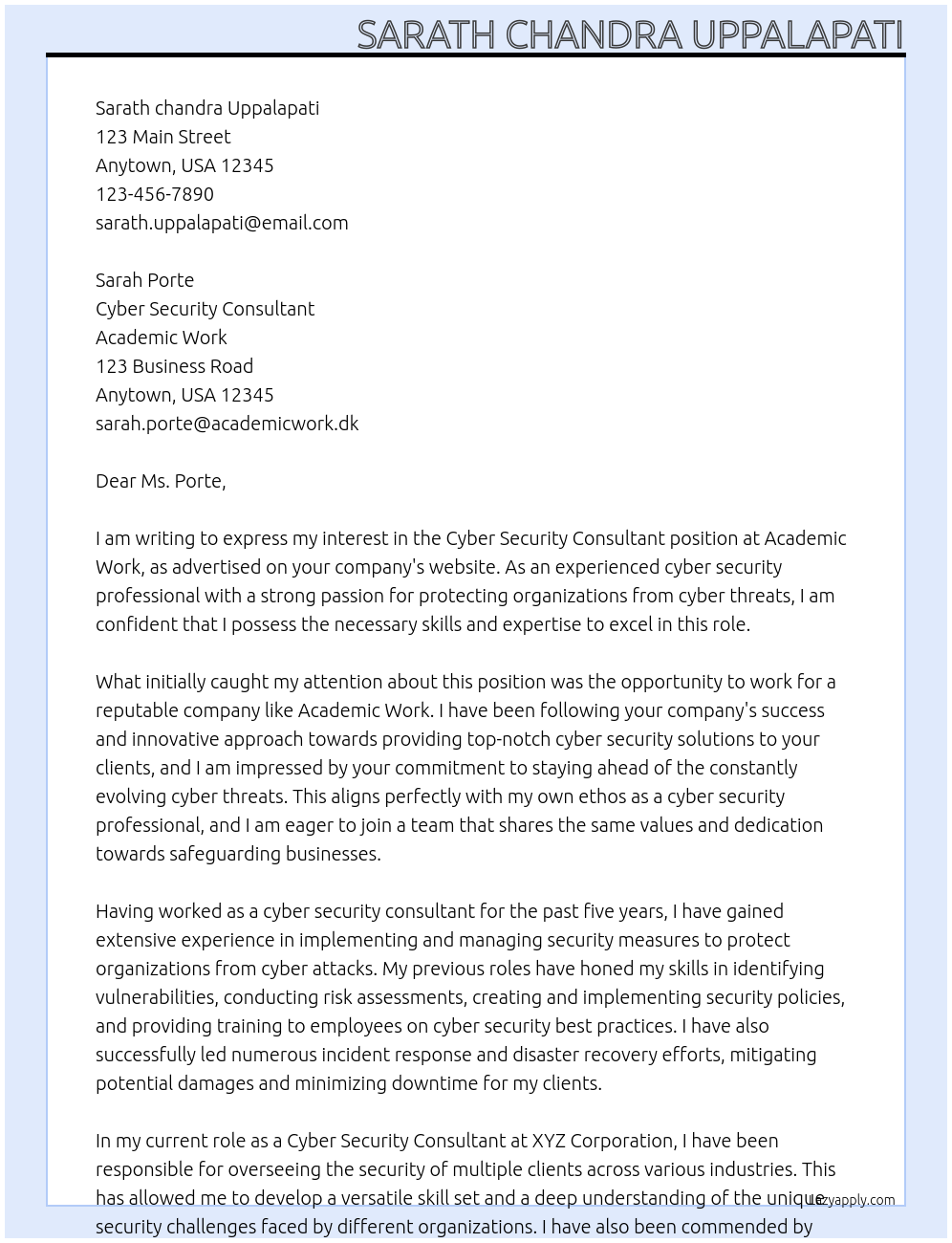 cyber security consultant At ACADEMIC WORK Cover Letter