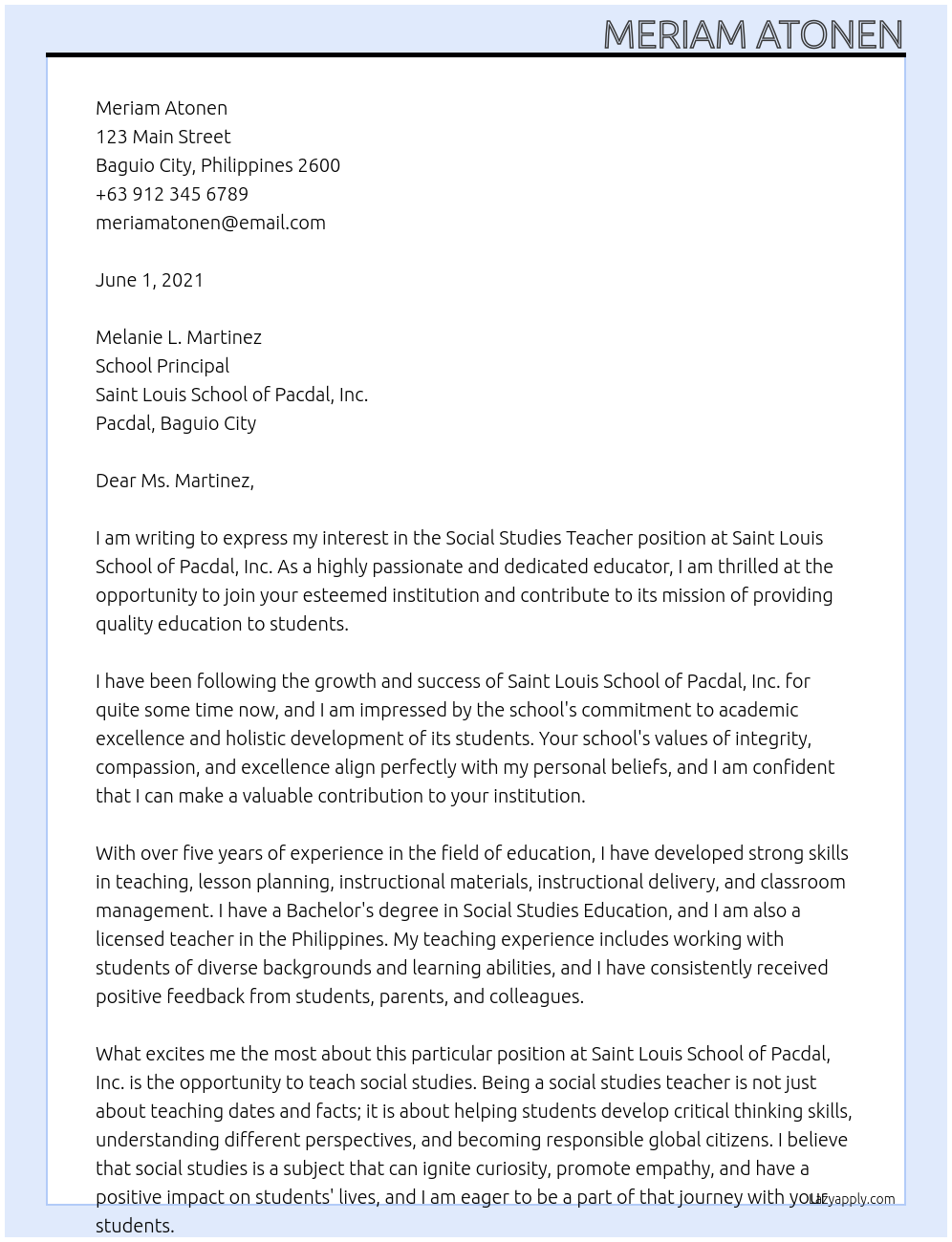 Social Studies Teacher At Saint Louis School of Pacdal, Inc. Cover Letter