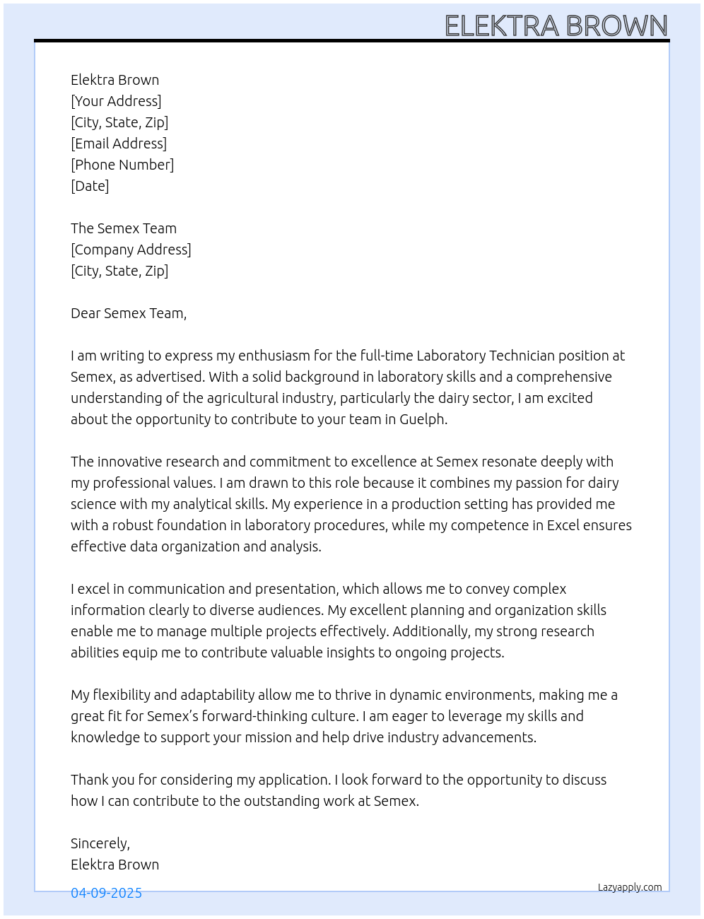 Laboratory Technician At Semex Cover Letter
