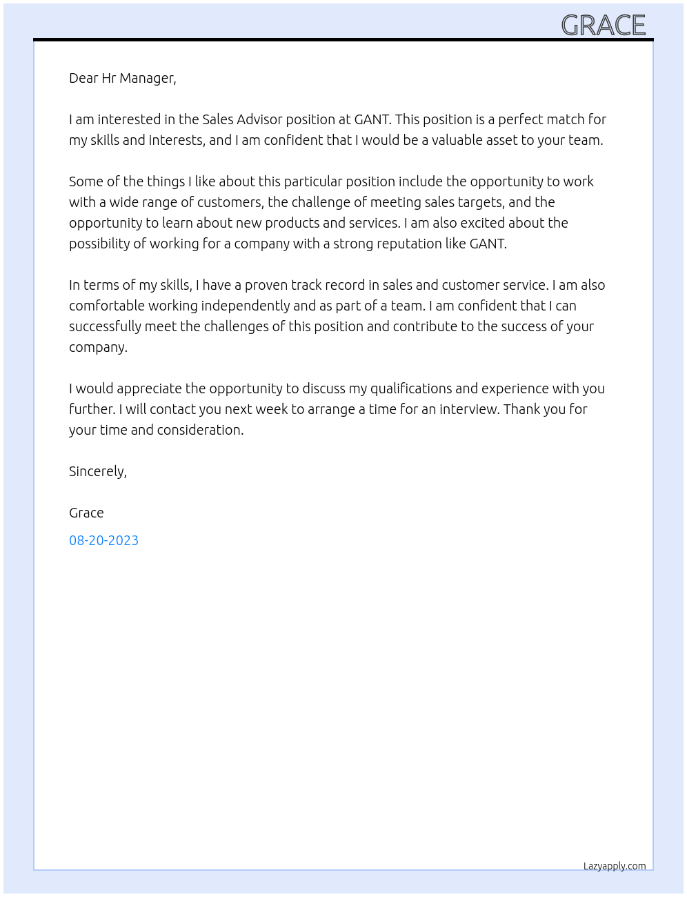 Sales Advisor At GANT Cover Letter