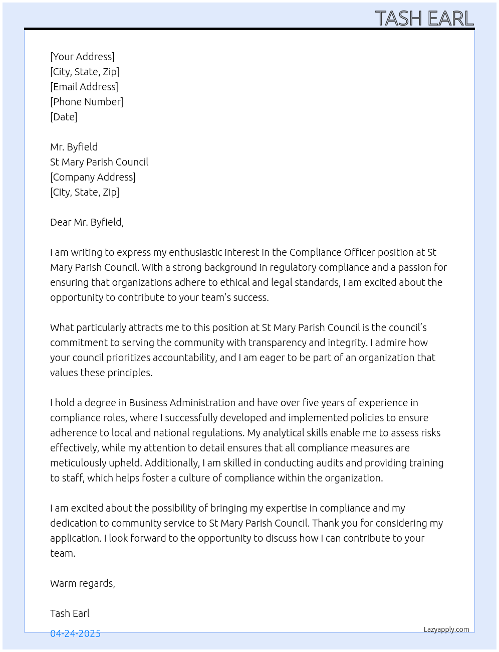 Compliance Officer At St Mary Parish Council Cover Letter