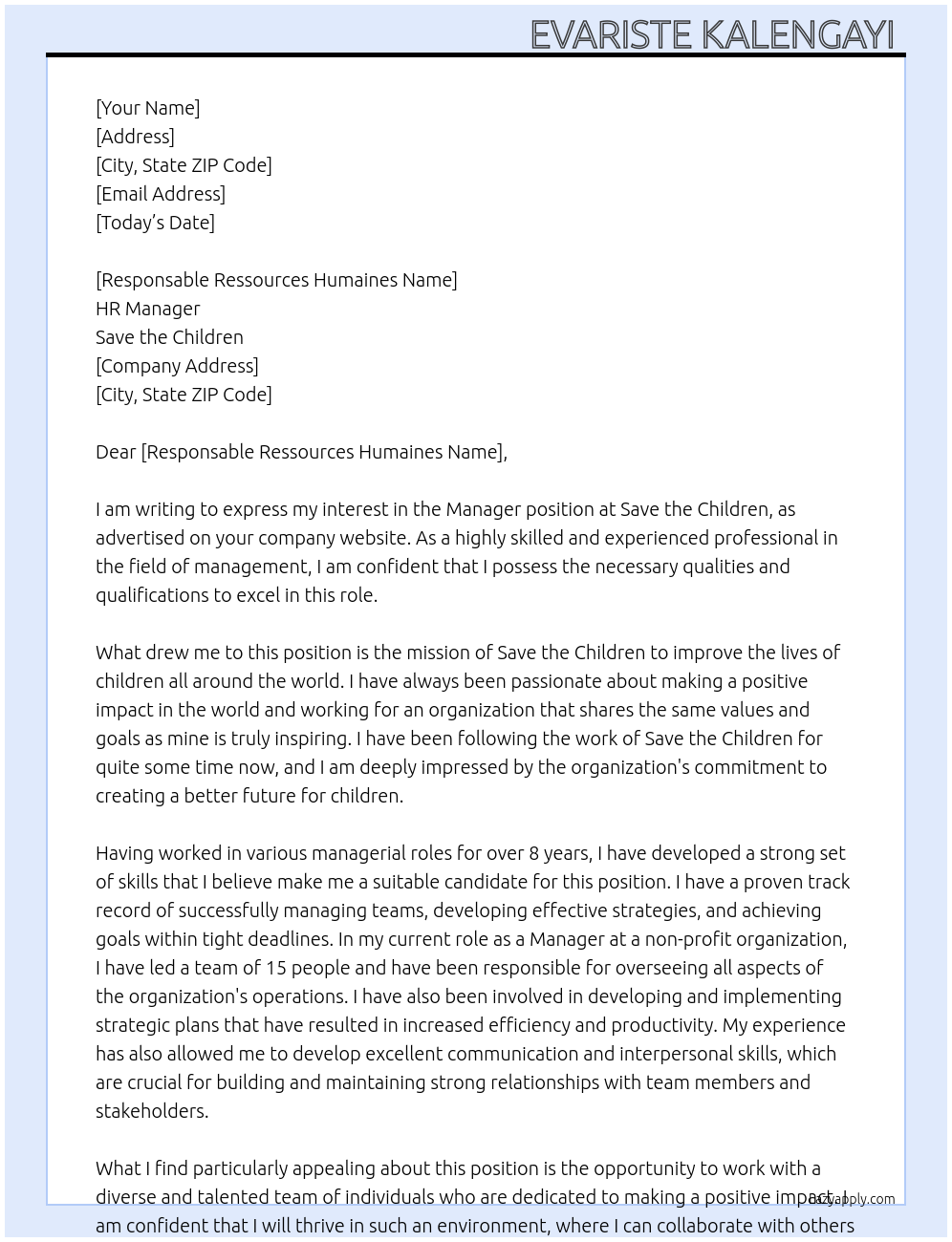 Manger  At Save the children  Cover Letter