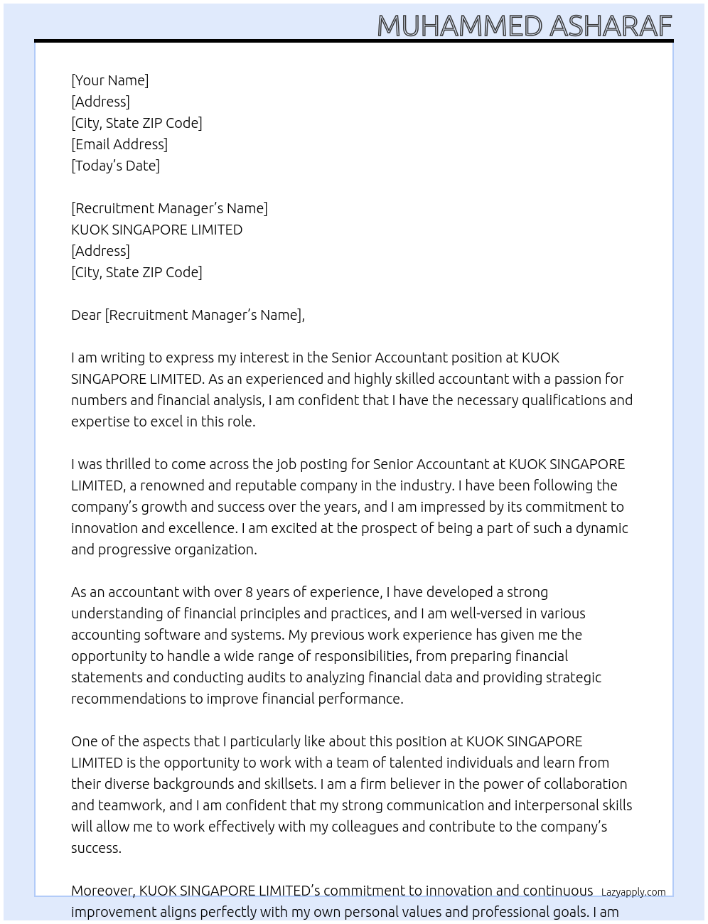 Senior Accountant At KUOK SINGAPORE LIMITED Cover Letter