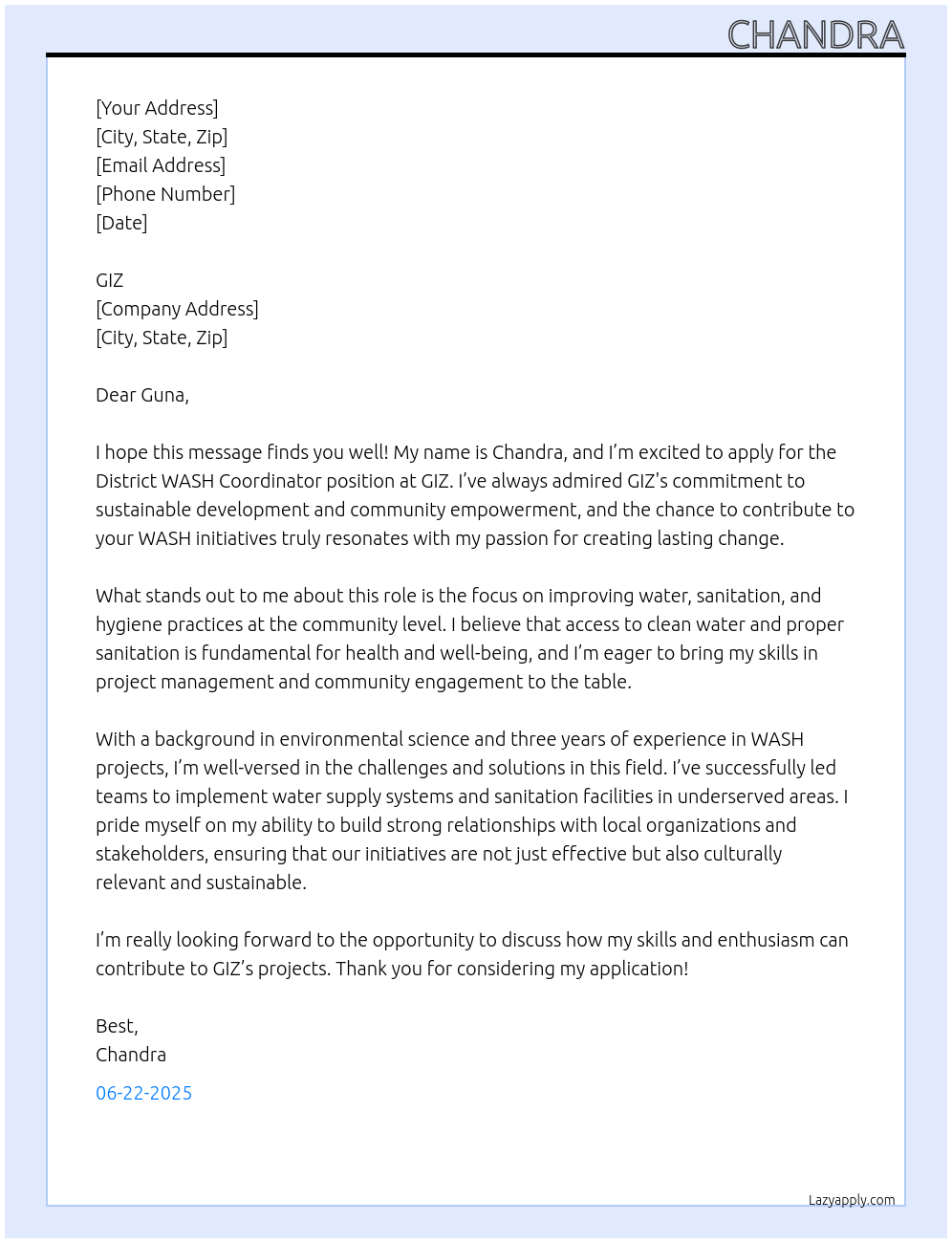 District WASH Coordinator At GIZ Cover Letter