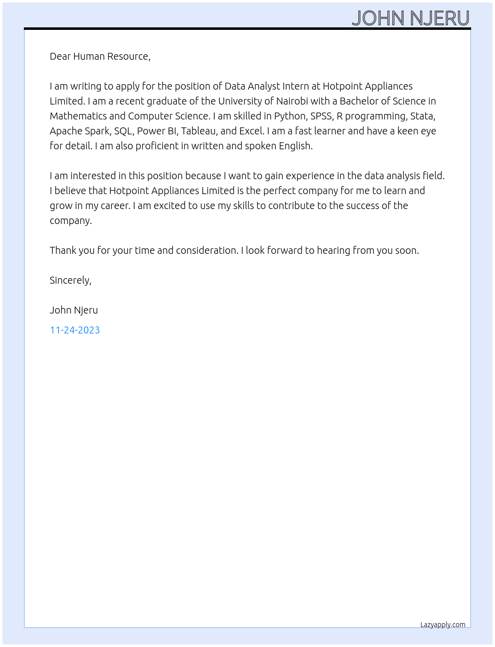 Data Analyst Intern  At Hotpoint Appliances Limited Cover Letter