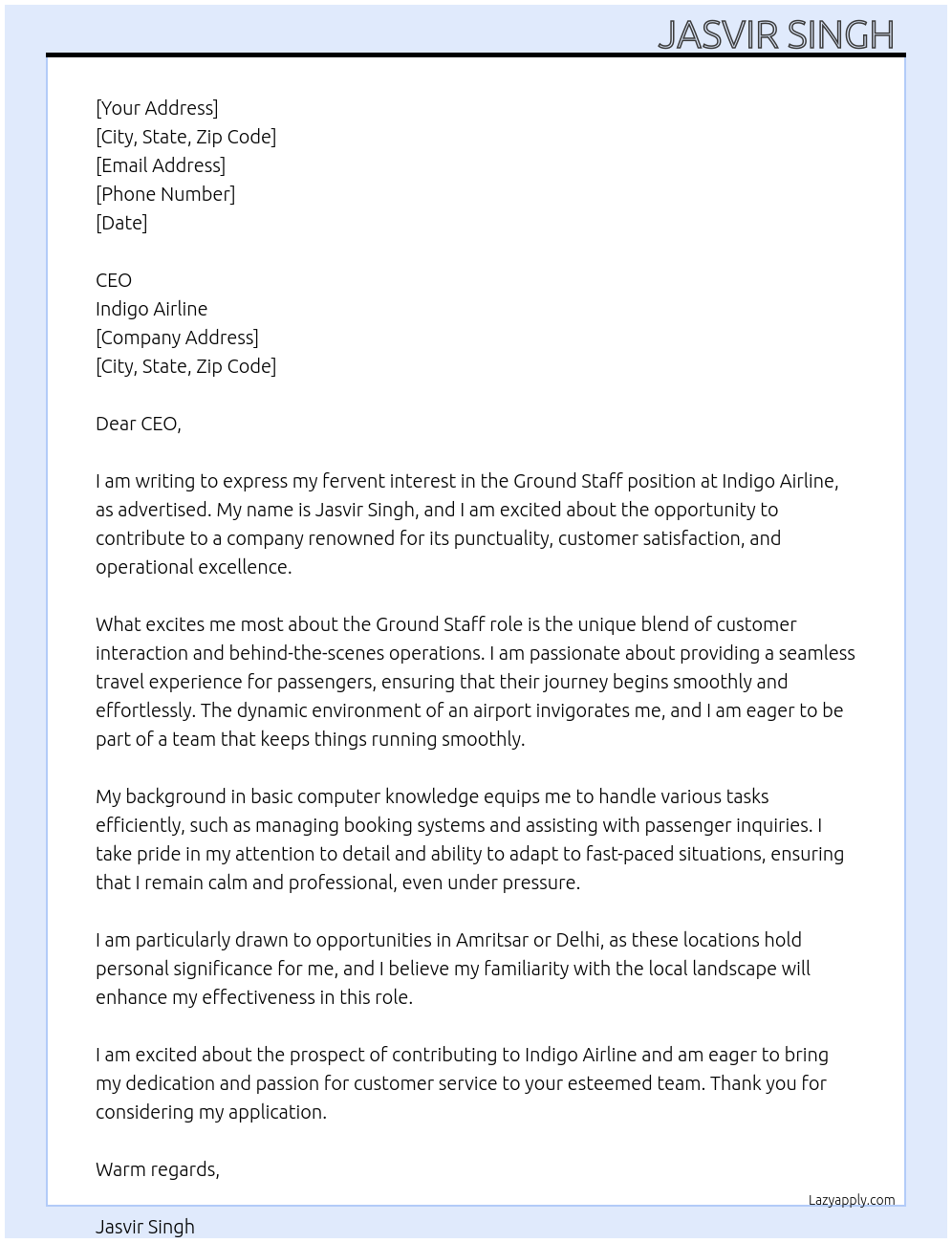 Ground Staff At Indigo Airline Cover Letter