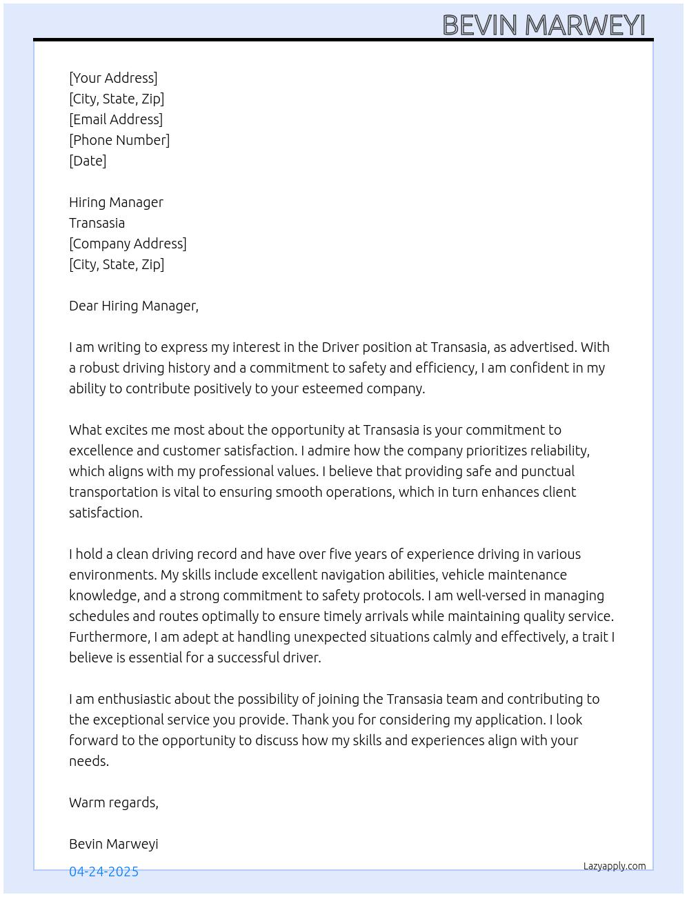 Driver At Transasia  Cover Letter