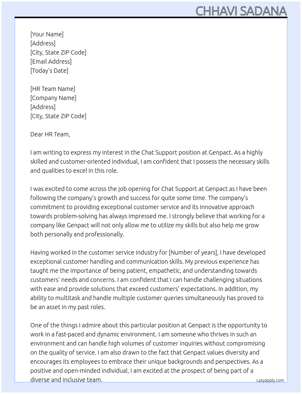 Chat Support  At Genpact Cover Letter