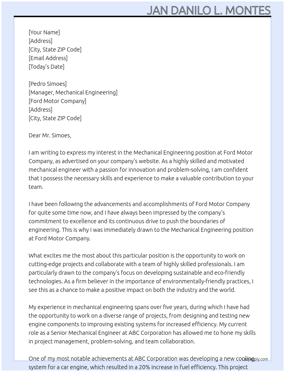 Mechanical engineering At Ford Motor Company Cover Letter