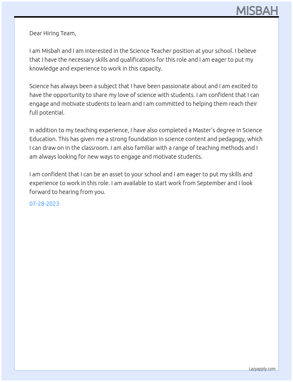 Science Teacher At School Cover Letter