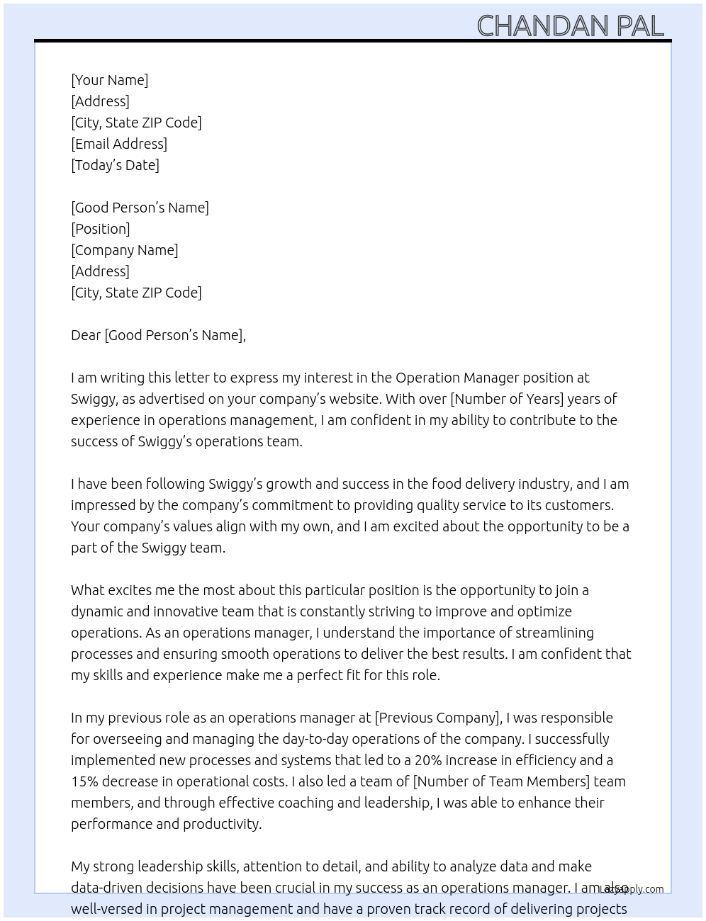 Operation manager At Swiggy Cover Letter