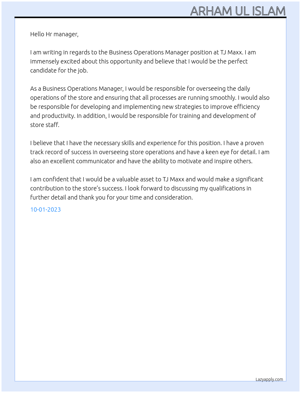 Business Operations Manager At TJ Maxx Cover Letter