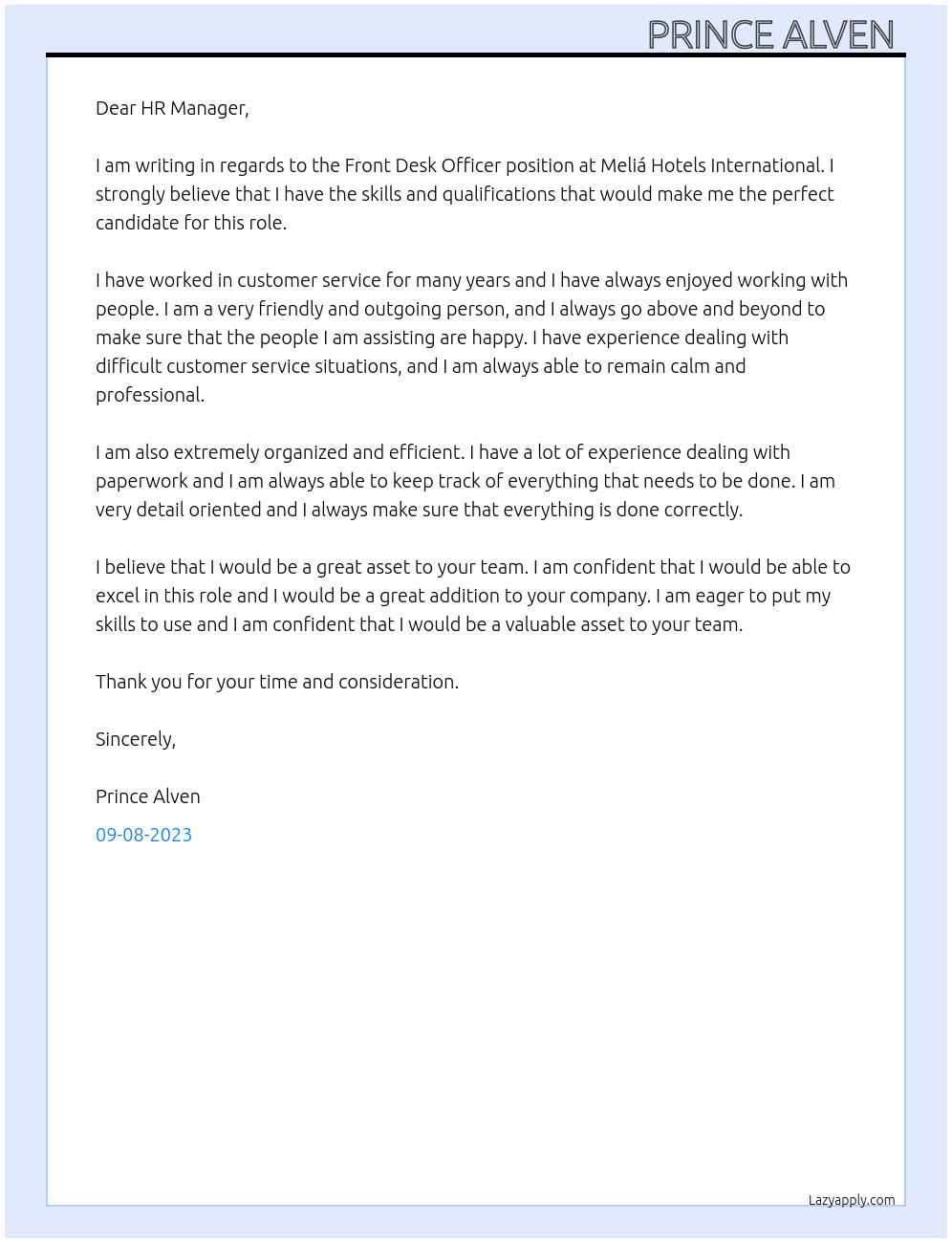 Front Desk Officer At Meliá Hotels International Cover Letter