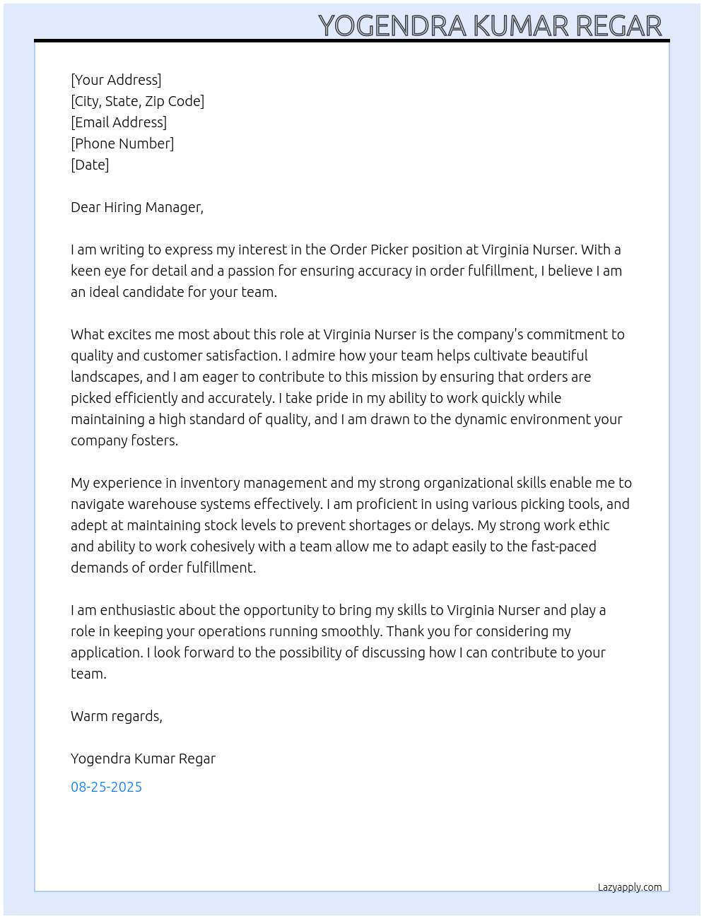 Order picker At Virginia Nurser  Cover Letter