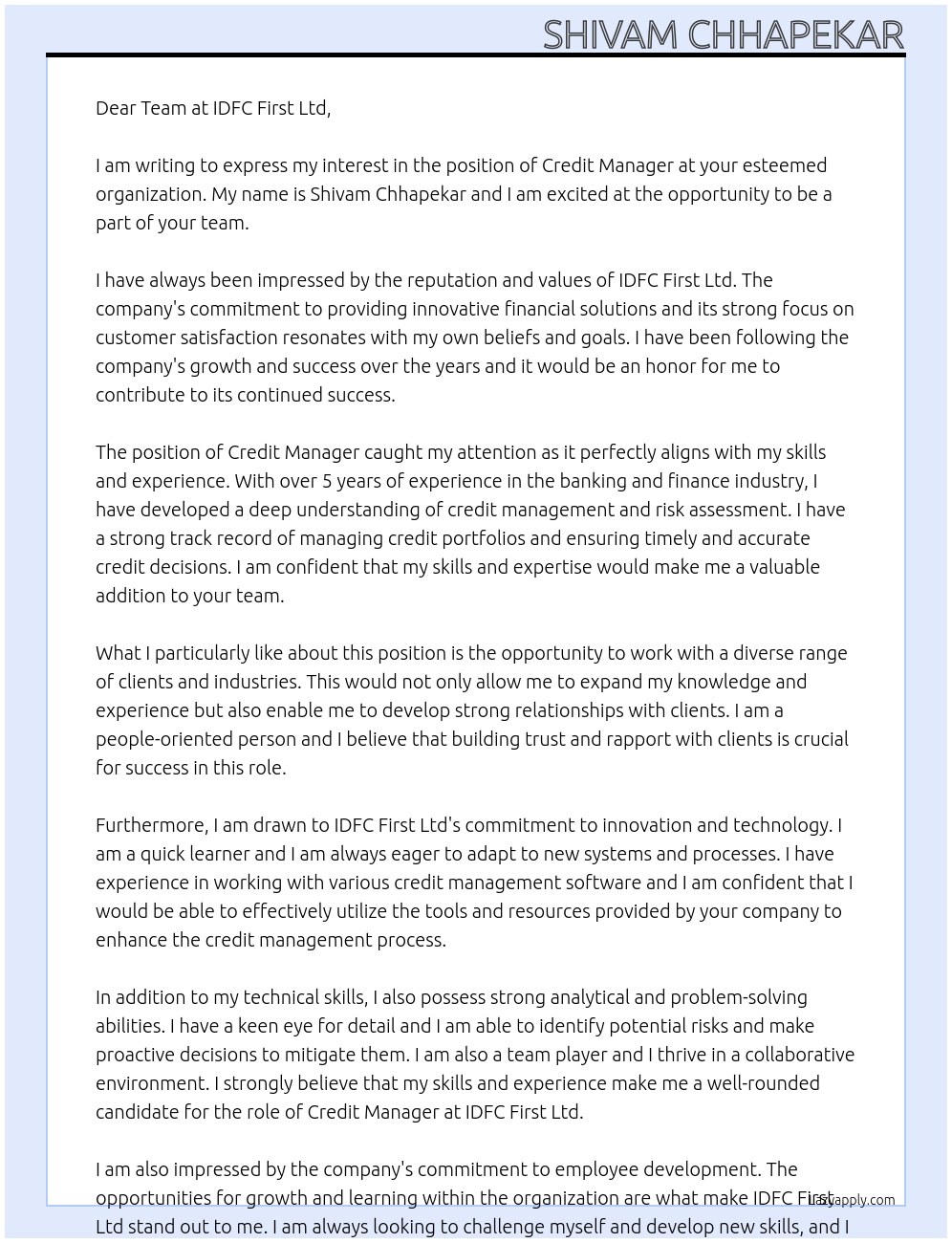credit manager At idfc first ltd Cover Letter