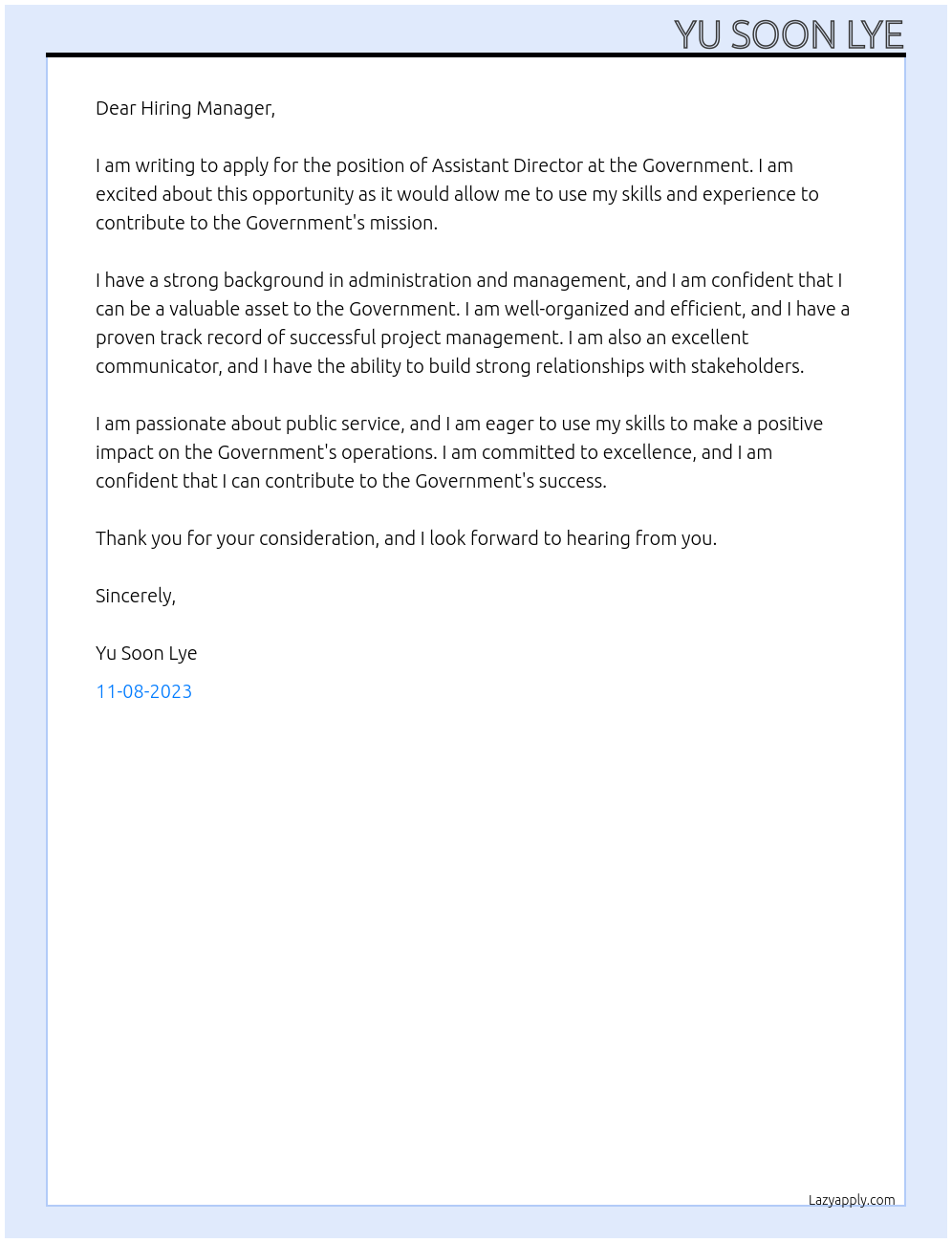 Assistant director At Government Cover Letter