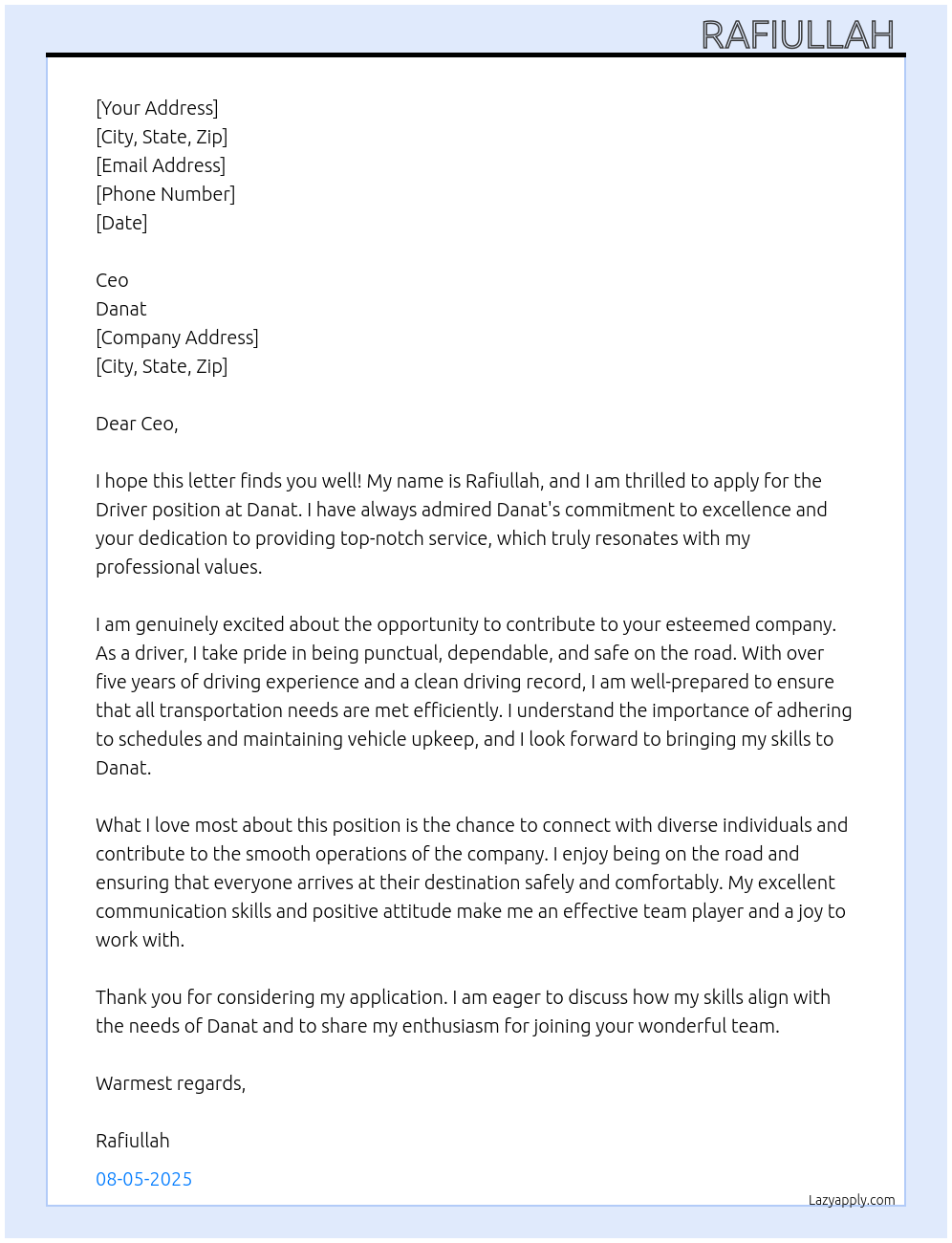 Driver  At Danat Cover Letter