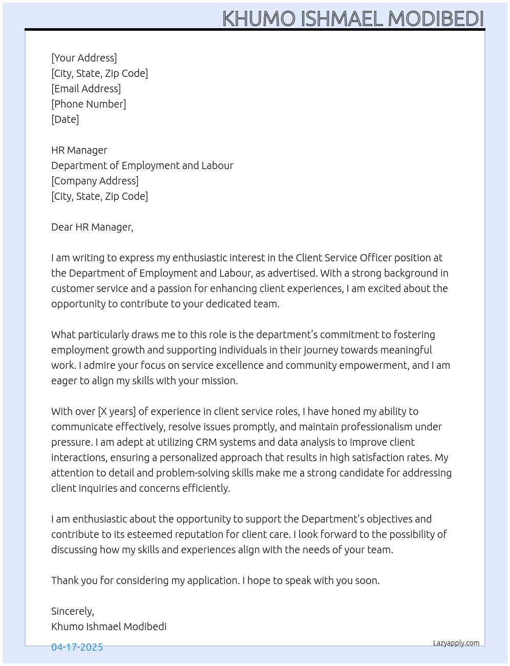 CLIENT SERVICE OFFICER At Department of Employment and Labour Cover Letter