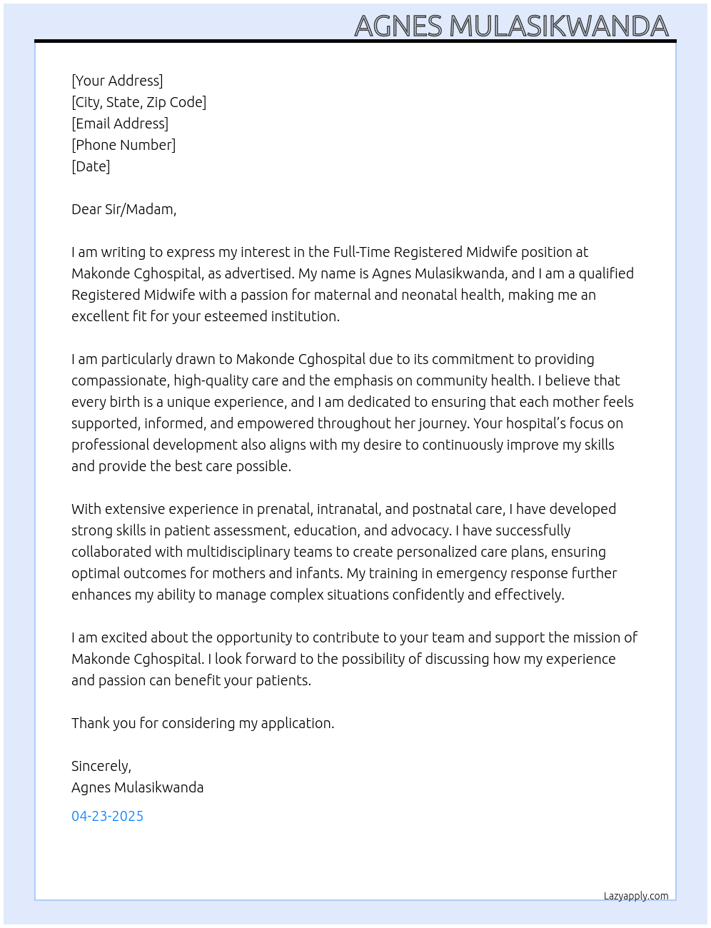 Registered midwife  At Makondecghospital Cover Letter