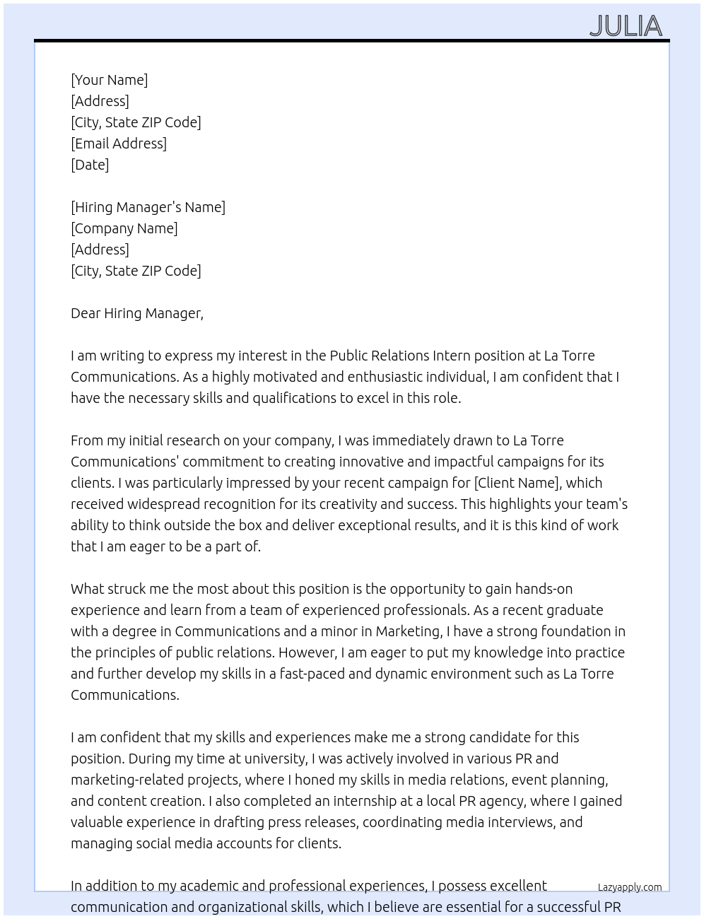 Public Relations Intern At La Torre Communications Cover Letter