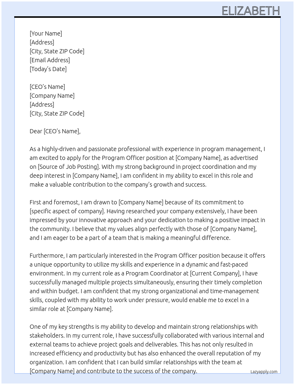 Program Officer At Elizabeth Cover Letter