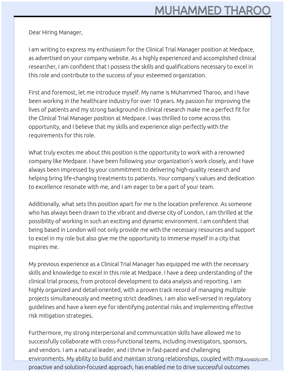 Clinical Trial Manager At Medpace Cover Letter