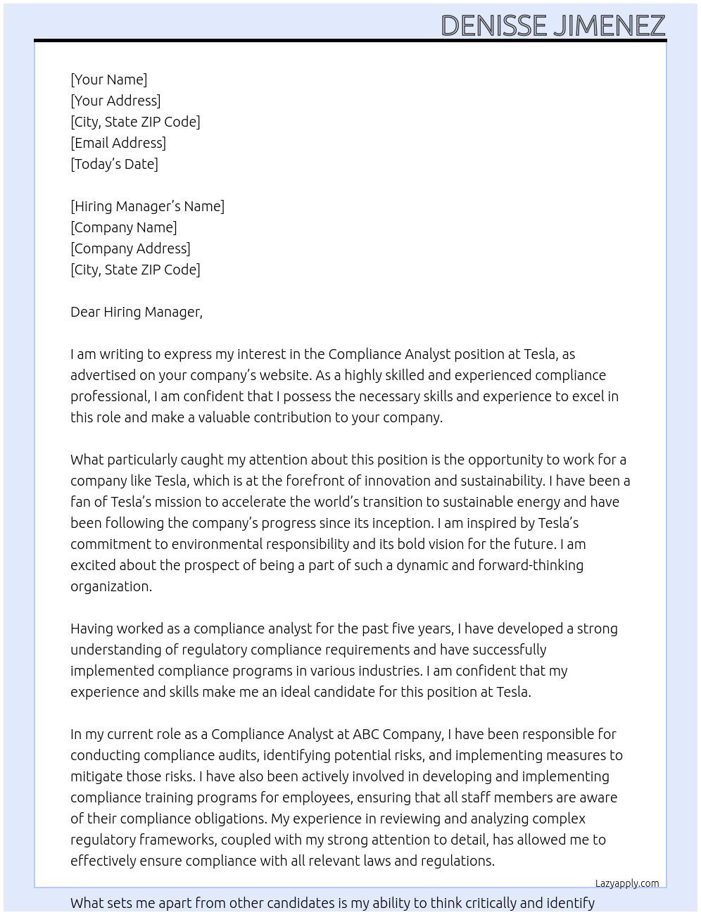 Compliance Analyst At Tesla Cover Letter