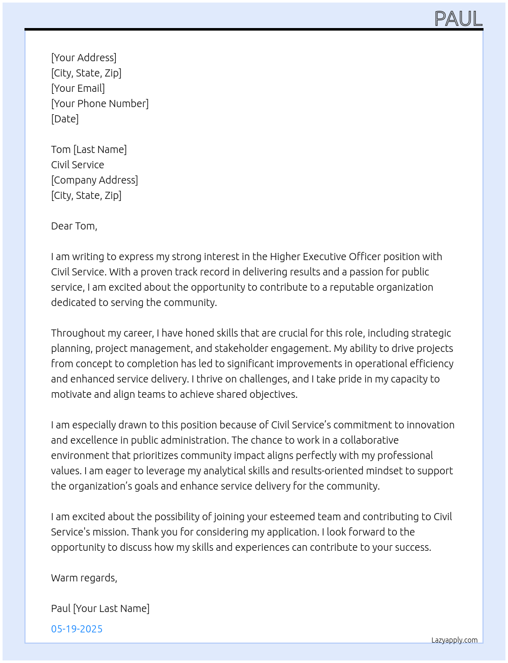 Higher executive officer At Civil service Cover Letter