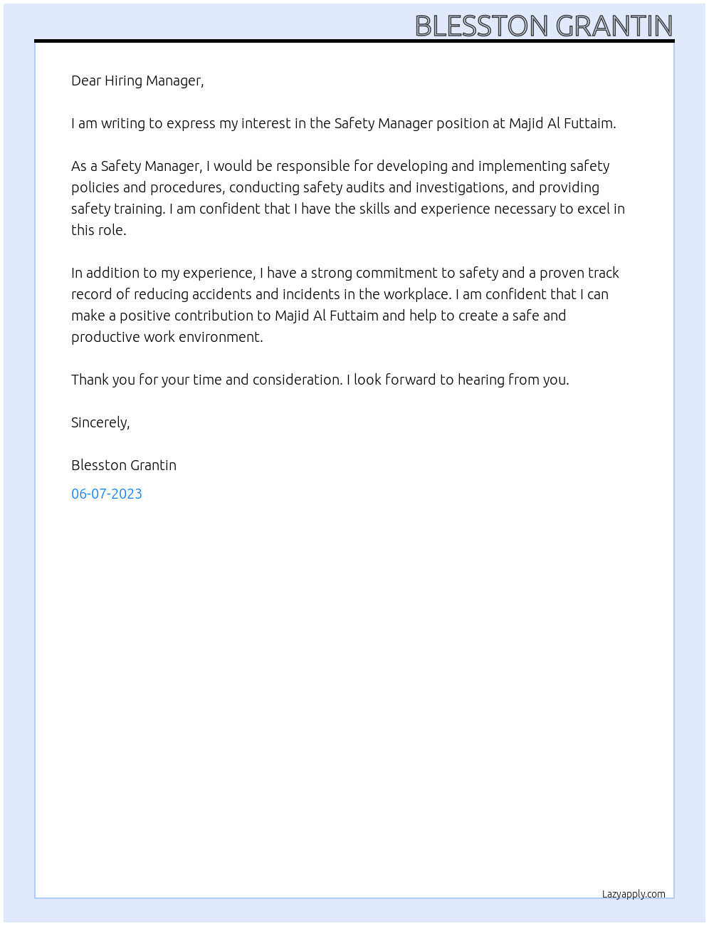 Safety manager  At Majid Al Futtaim Cover Letter