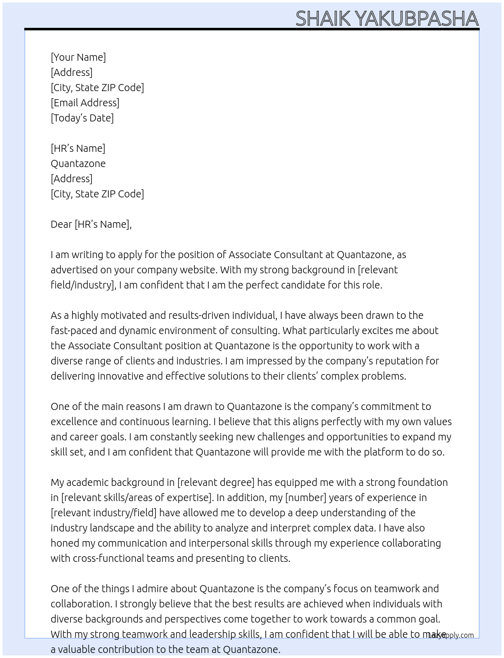 Associate consultant At Quantazone Cover Letter