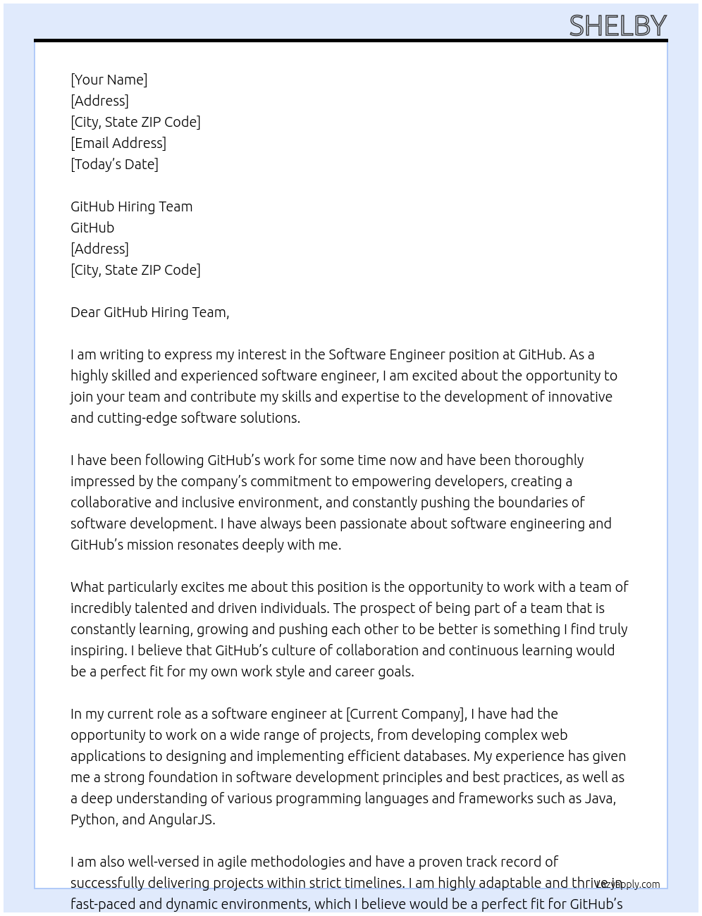 Software Engineer At GitHub Cover Letter
