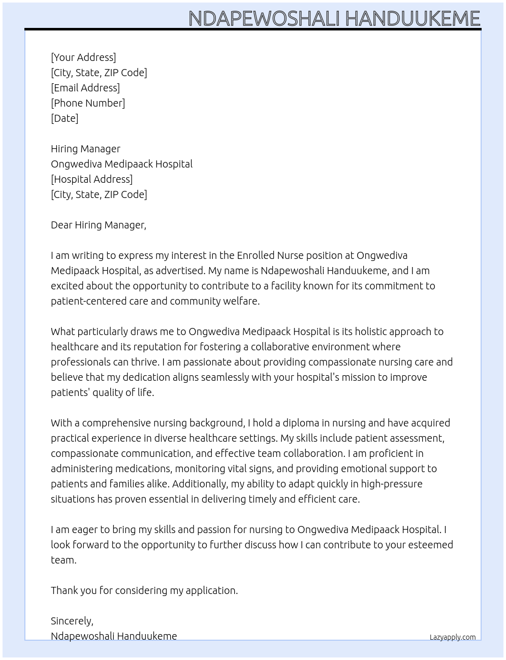 ENROLLED NURSE At Ongwediva Medipaack Hospital Cover Letter